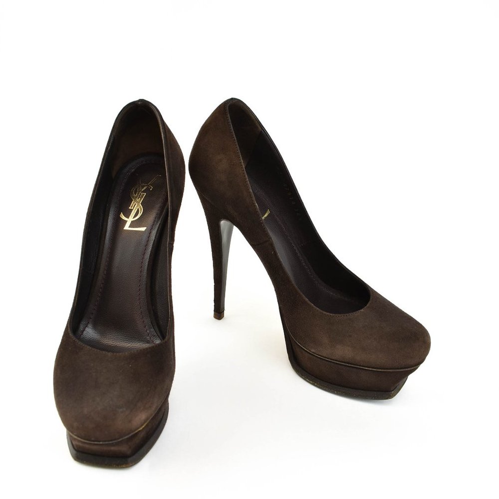 YSL: Dark Brown Suede Leather Platform Heels/Pumps